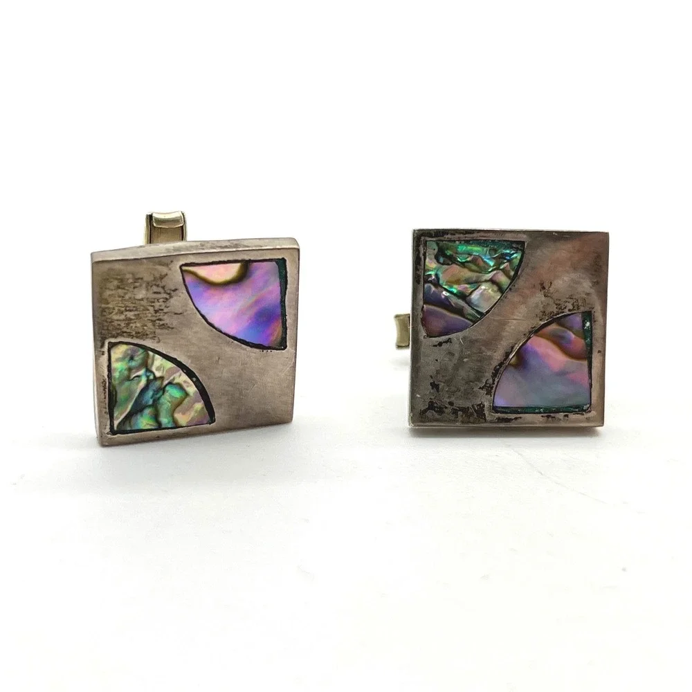 Vintage Sterling Silver Alpaca Mexico Abalone Shell Inlay Square Cufflinks